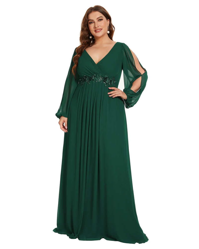 Chiffon V Neckline Long Sleeve Formal Evening Dress Dark Green
